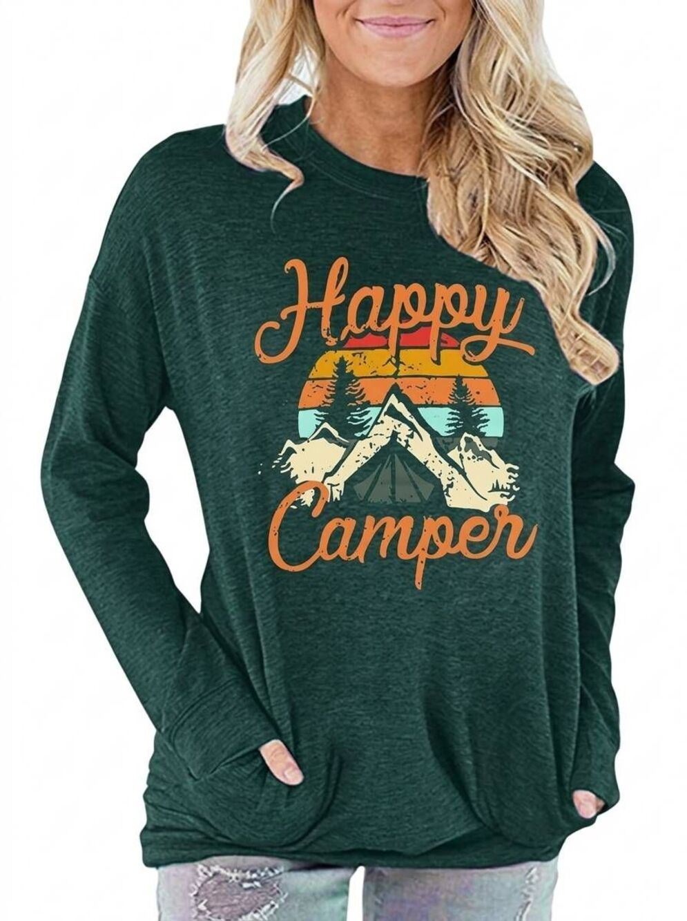 🔺️Gray Happy Camper Graphic Lightweight Long Sleeve Tunic Top Size 2X